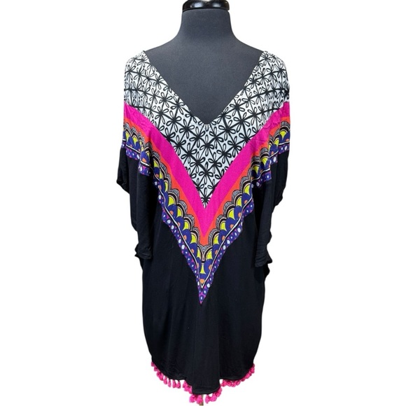 NWOT Trina Turk Tanzania Pom-Pom Black Multicolored Cover-Up Size Small - Picture 3 of 6